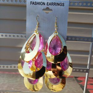 4.5" Pink/Gold Large Tear Drop Earrings